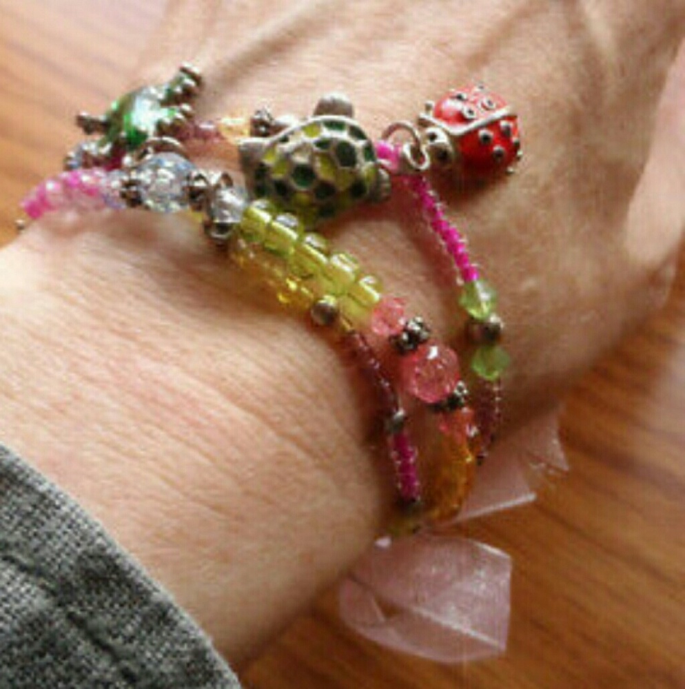 Beaded Turtle Frog Ladybug Charm Bracelet stretchy